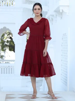 Maroon Color Polka Self Weave Georgette Tiered Lace Inserted Dress