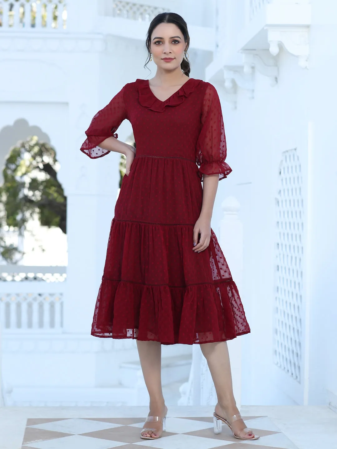 Maroon Color Polka Self Weave Georgette Tiered Lace Inserted Dress