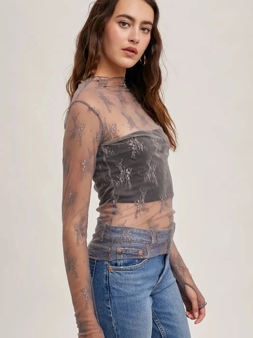 Mauve Floral Embroidery Lace Mesh Layering Top