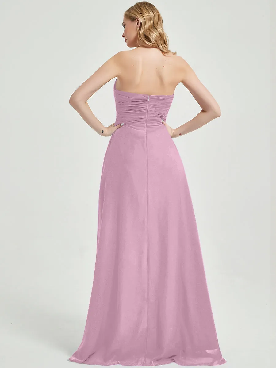 Mauve Strapless Floor-Length A-Line Empire Bridesmaid Dress with Slit