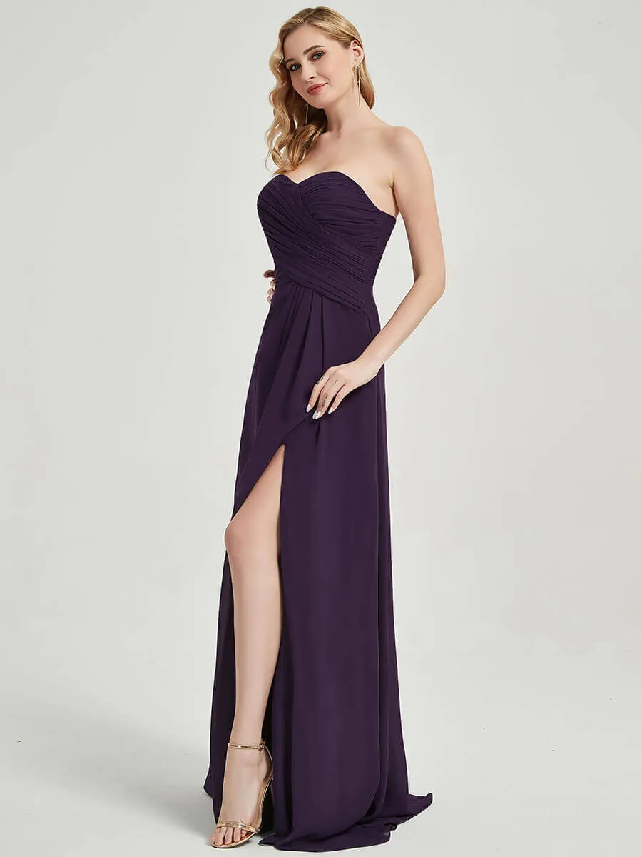 Mauve Strapless Floor-Length A-Line Empire Bridesmaid Dress with Slit