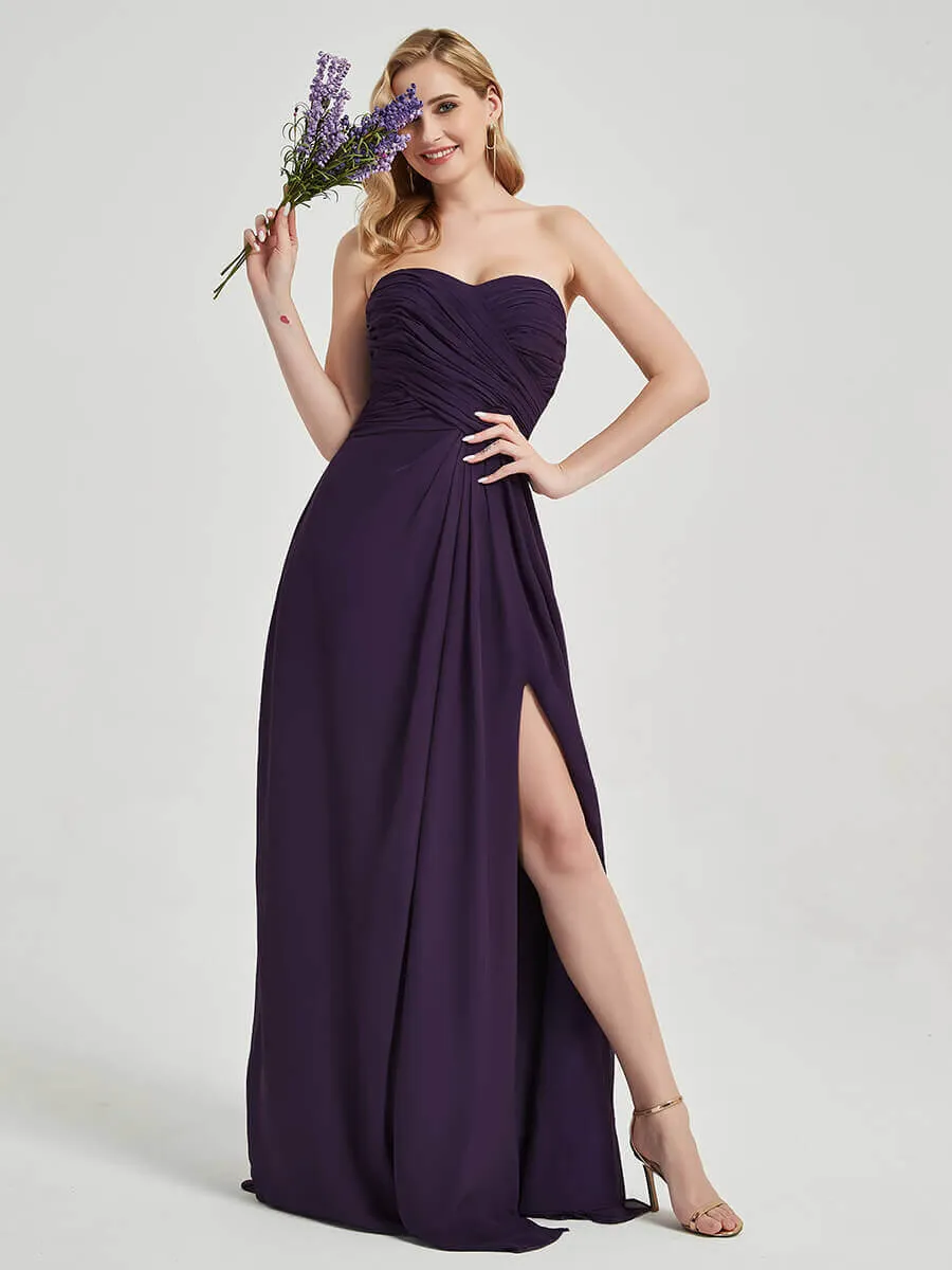 Mauve Strapless Floor-Length A-Line Empire Bridesmaid Dress with Slit
