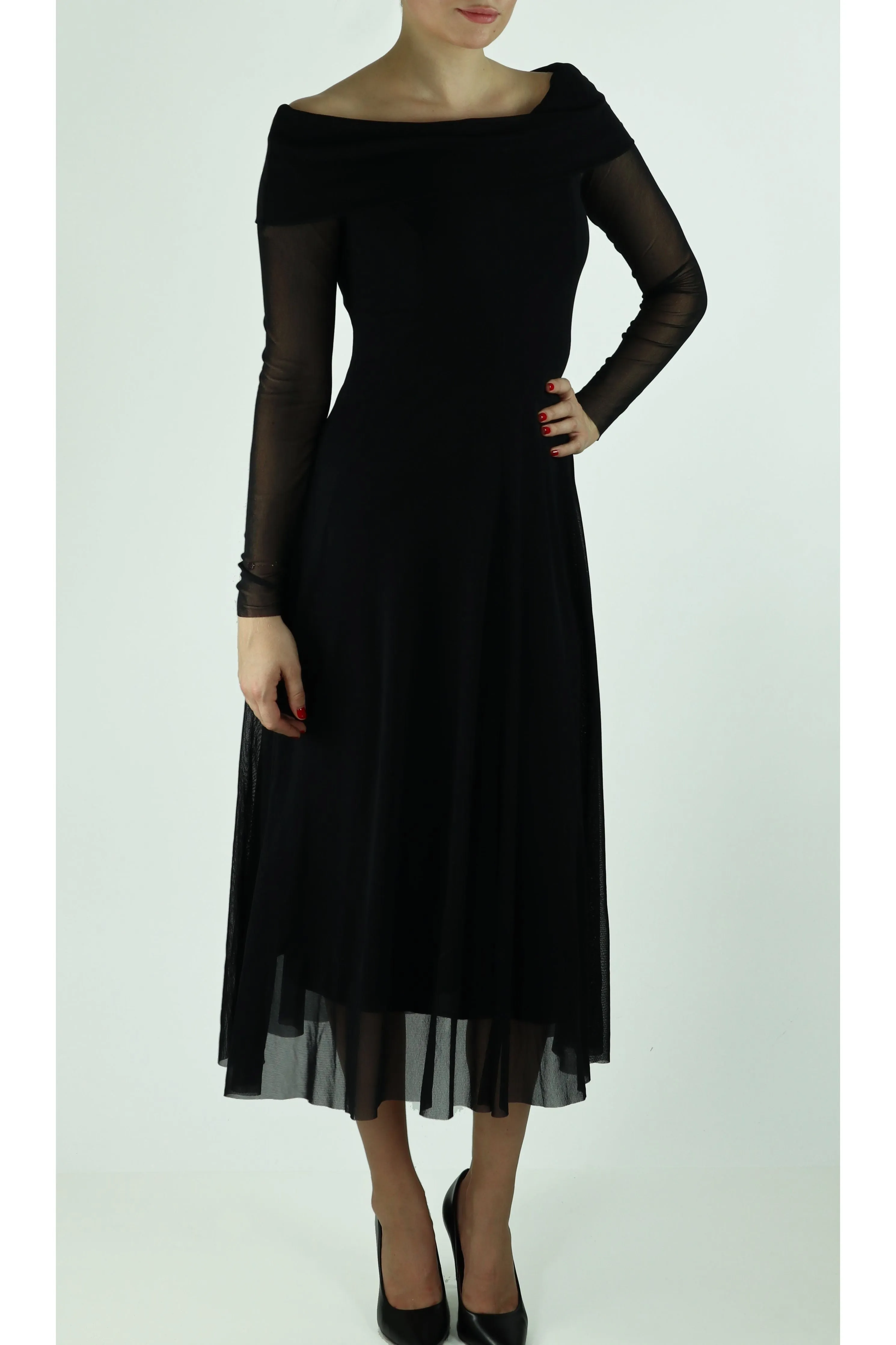 MAXIMA Off Shoulder Mid Calf Flared Dress Black
