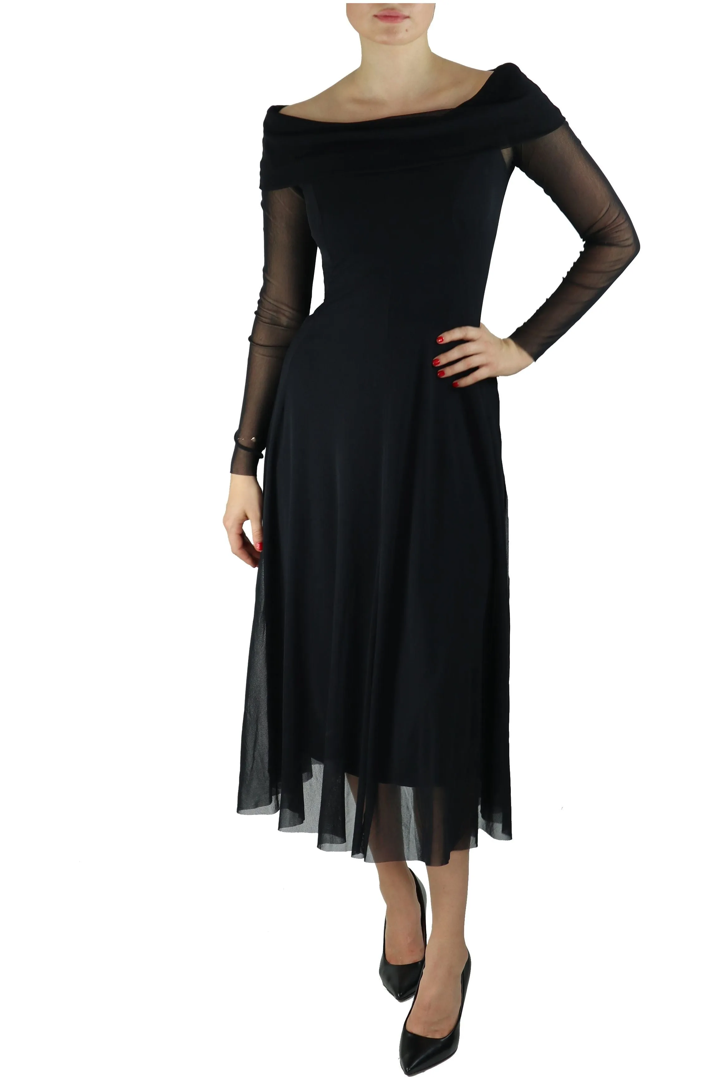 MAXIMA Off Shoulder Mid Calf Flared Dress Black