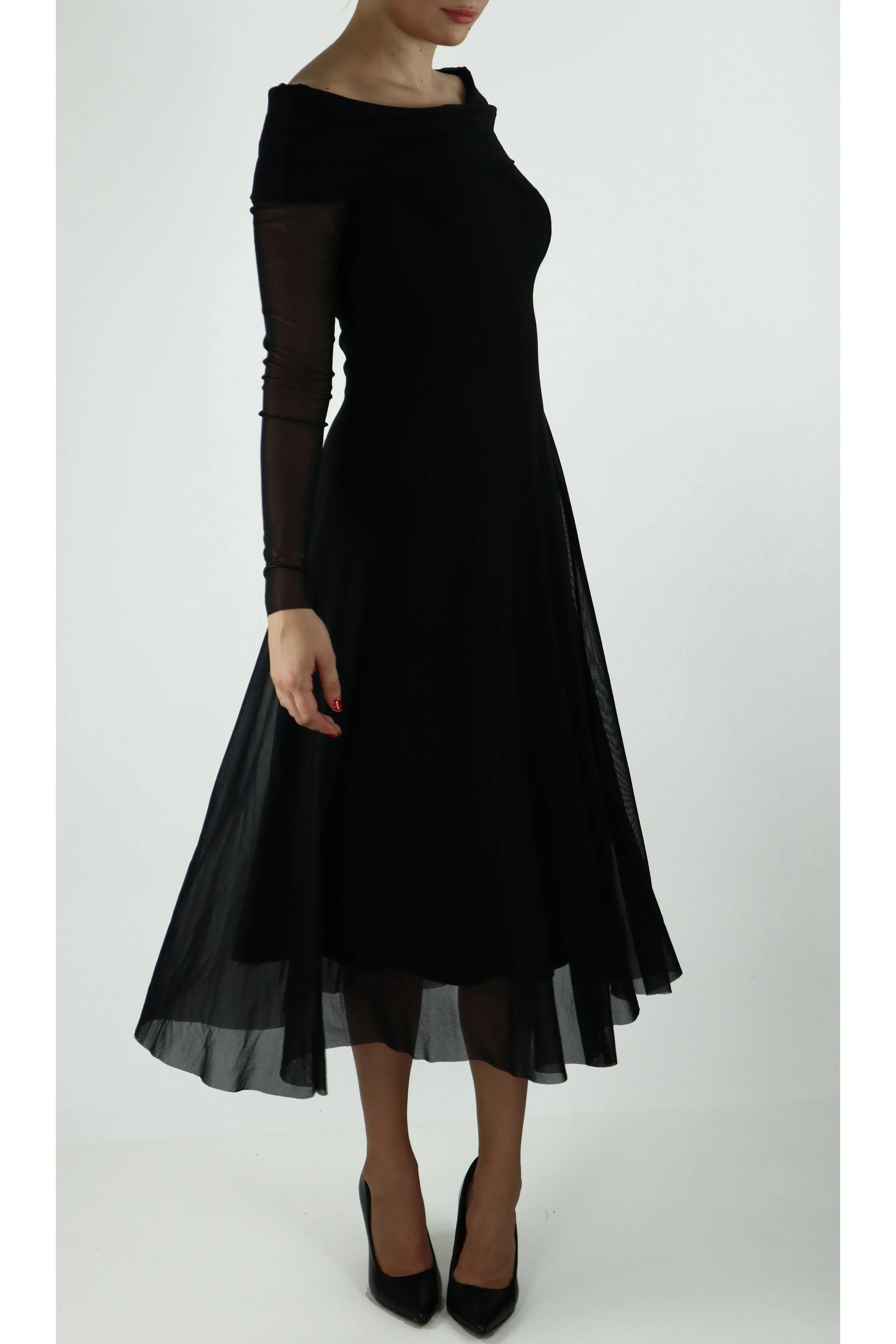 MAXIMA Off Shoulder Mid Calf Flared Dress Black