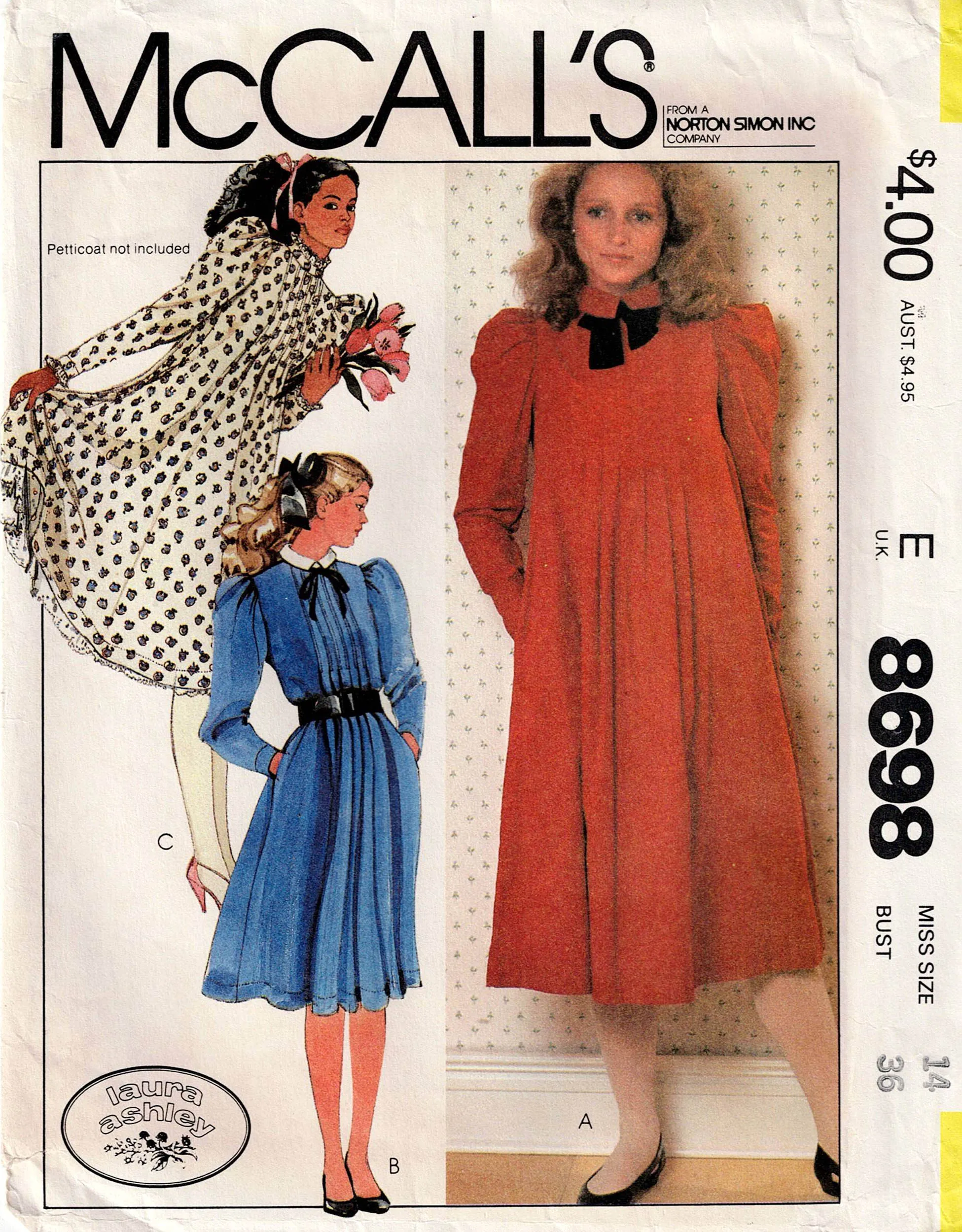 McCall's 8698 LAURA ASHLEY Womens Tucked Bodice Puff Sleeved Tent Dress 1980s Vintage Sewing Pattern Size 14 Bust 36 inches