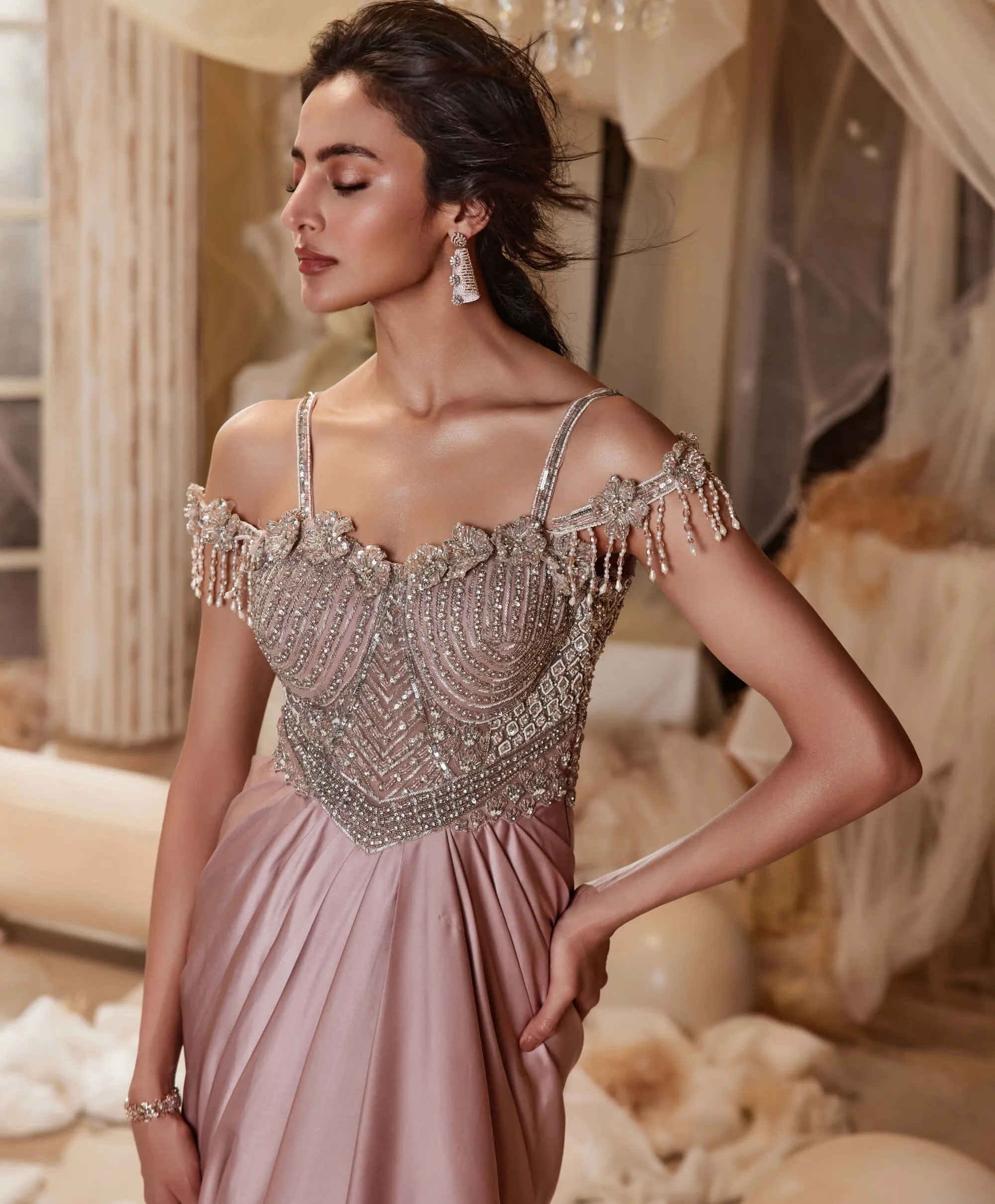 Merlin dusty pink drape gown
