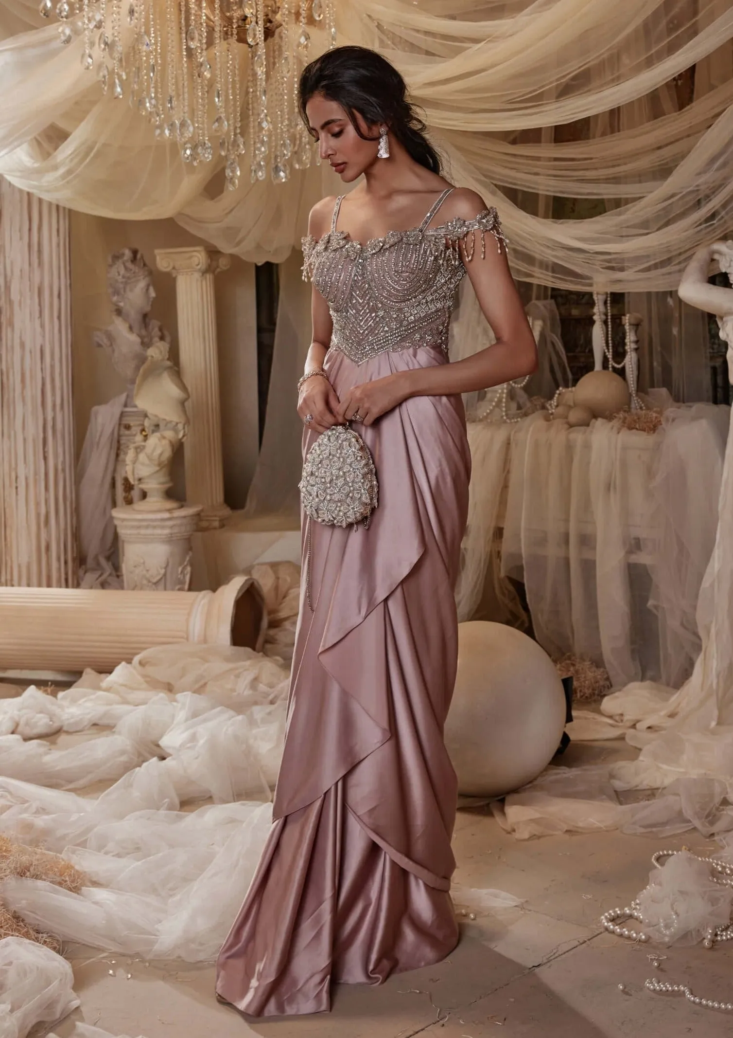 Merlin dusty pink drape gown
