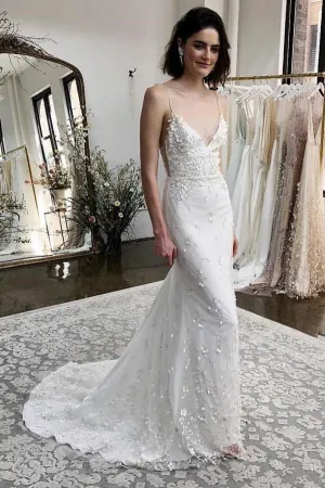 Mermaid Spaghetti Straps Sweep Train Appliqued Wedding Dress TN142
