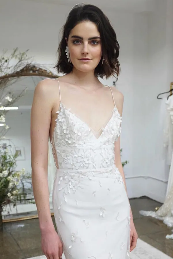 Mermaid Spaghetti Straps Sweep Train Appliqued Wedding Dress TN142