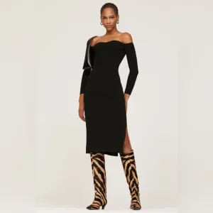 MILLY Knit Bustier Midi Dress Black Rib Knit M Bodycon Ribbed Slit Party Holiday