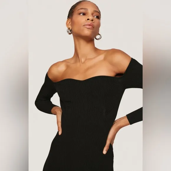 MILLY Knit Bustier Midi Dress Black Rib Knit M Bodycon Ribbed Slit Party Holiday