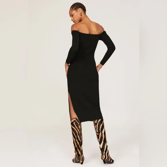 MILLY Knit Bustier Midi Dress Black Rib Knit M Bodycon Ribbed Slit Party Holiday