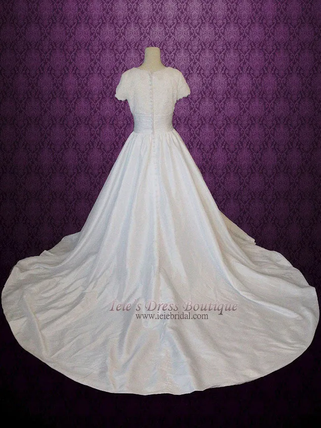 Modest Ball Gown Wedding Dress with Lace Top Short sleeves Chapel Train Scoop Neckline | Catherine