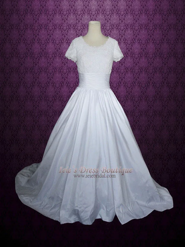 Modest Ball Gown Wedding Dress with Lace Top Short sleeves Chapel Train Scoop Neckline | Catherine
