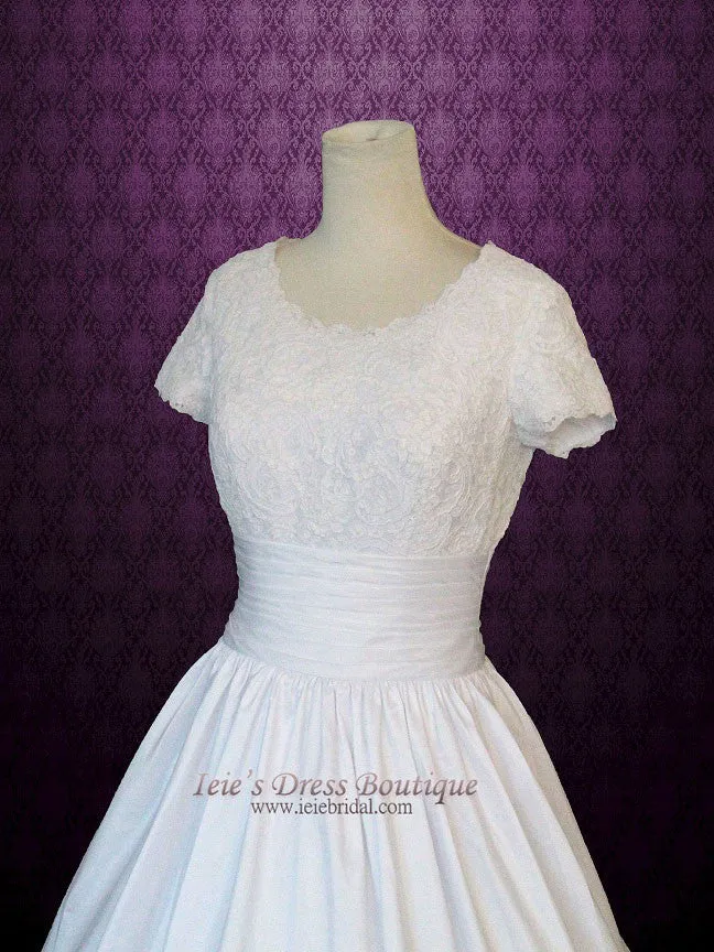 Modest Ball Gown Wedding Dress with Lace Top Short sleeves Chapel Train Scoop Neckline | Catherine