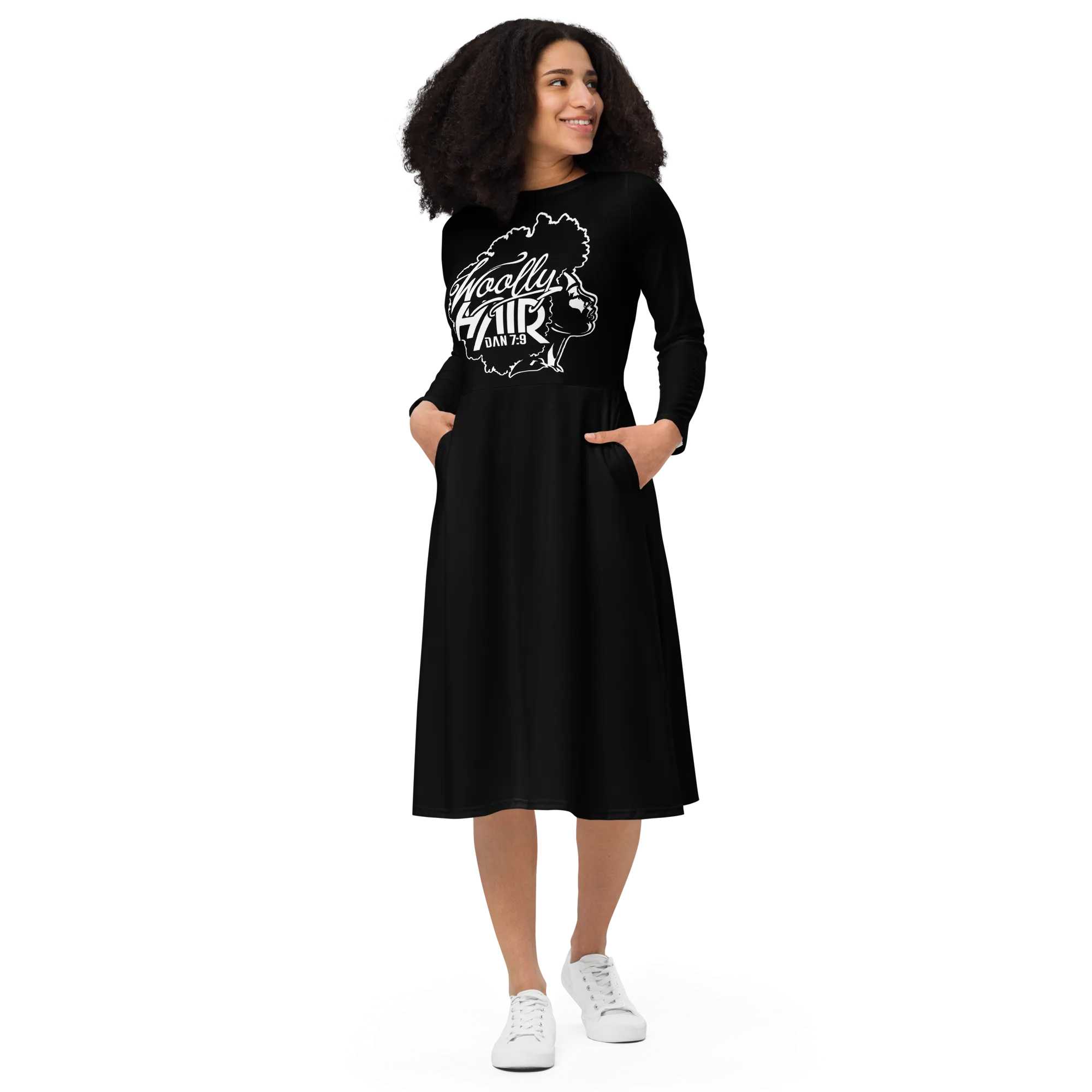 Modest Long sleeve  midi dress Woolly Hair NaturalWoolly