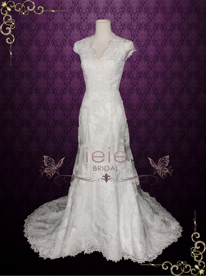 Modest Scallop Hem Cap Sleeves Fitted A-line Wedding Dress | Michelle