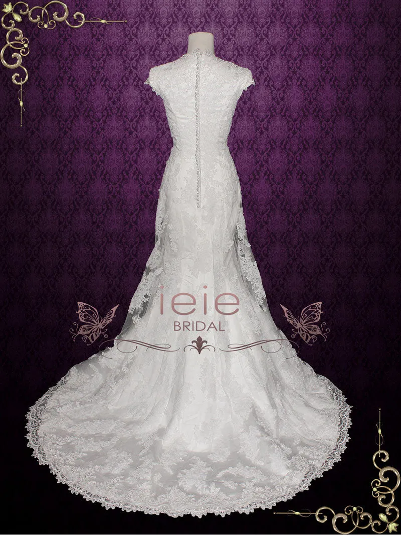Modest Scallop Hem Cap Sleeves Fitted A-line Wedding Dress | Michelle