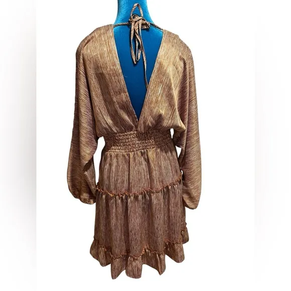 MOON RIVER Brown Tan Beige Striped Satin Balloon Dolman Sleeve Mini Dress Medium