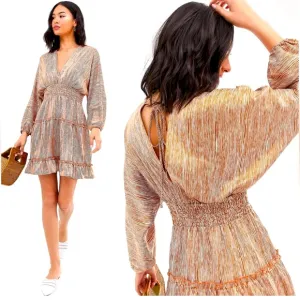 MOON RIVER Brown Tan Beige Striped Satin Balloon Dolman Sleeve Mini Dress Medium