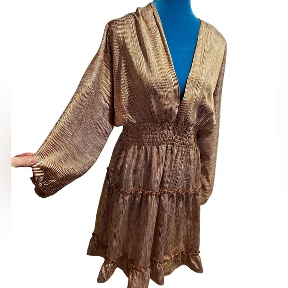 MOON RIVER Brown Tan Beige Striped Satin Balloon Dolman Sleeve Mini Dress Medium