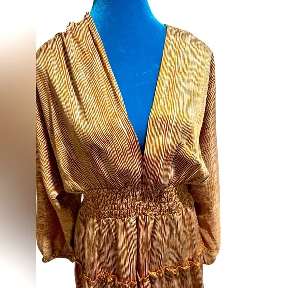 MOON RIVER Brown Tan Beige Striped Satin Balloon Dolman Sleeve Mini Dress Medium