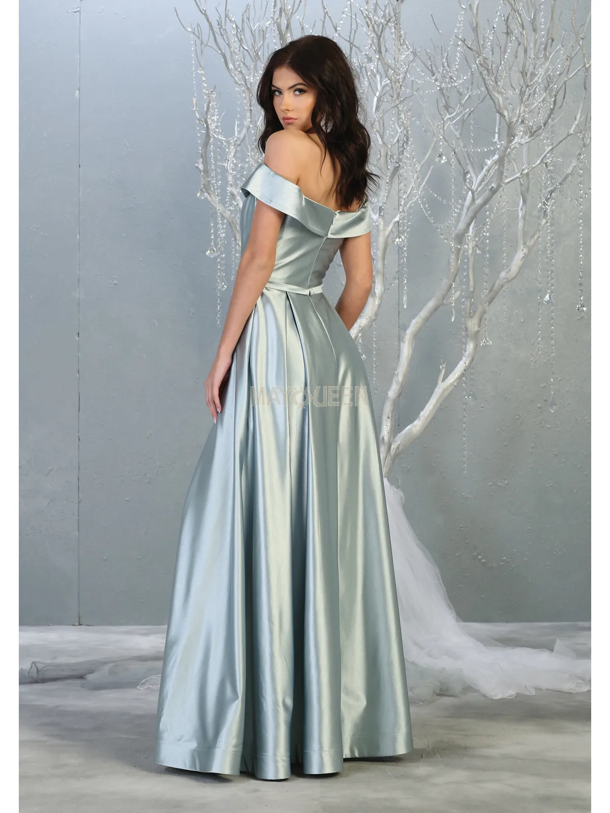 MQ 1781 - Off the Shoulder Satin A-Line Prom Gown with Pleated Skirt & Leg Slit