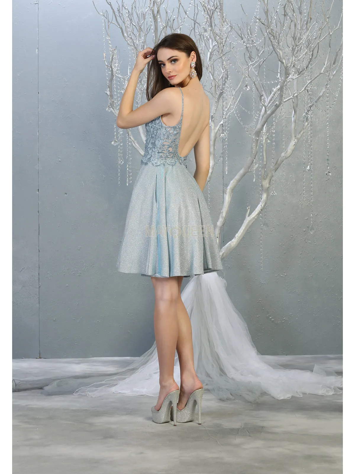 MQ 1802 - Glitter Homecoming Dress with Lace Embroidered Design Bodice