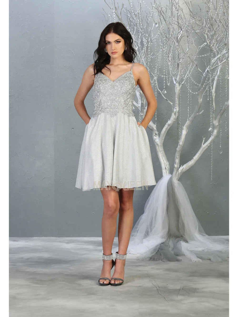 MQ 1802 - Glitter Homecoming Dress with Lace Embroidered Design Bodice
