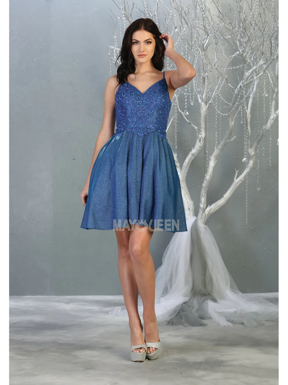 MQ 1802 - Glitter Homecoming Dress with Lace Embroidered Design Bodice