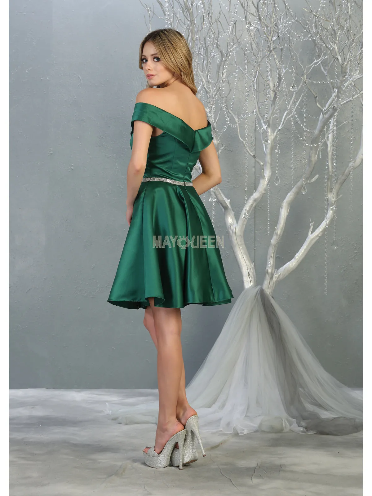 MQ 1815 - Off the Shoulder Satin A-Line Homecoming Dress with Beaded Belt & Pockets