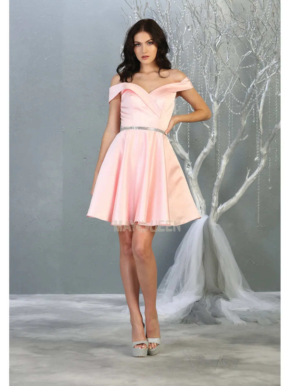 MQ 1815 - Off the Shoulder Satin A-Line Homecoming Dress with Beaded Belt & Pockets