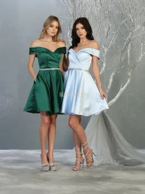 MQ 1815 - Off the Shoulder Satin A-Line Homecoming Dress with Beaded Belt & Pockets