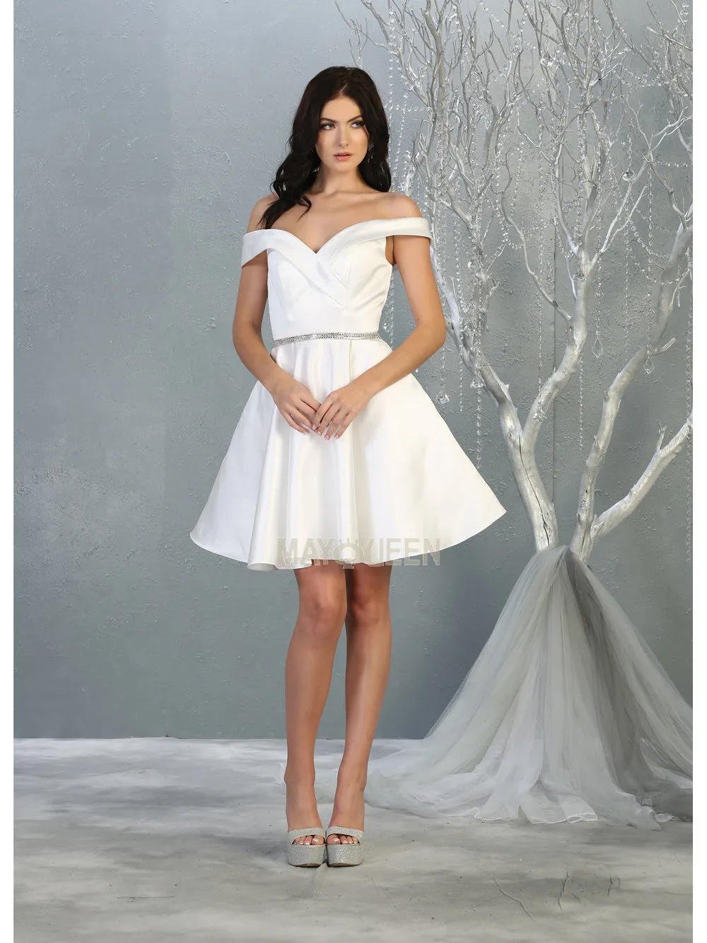 MQ 1815 - Off the Shoulder Satin A-Line Homecoming Dress with Beaded Belt & Pockets