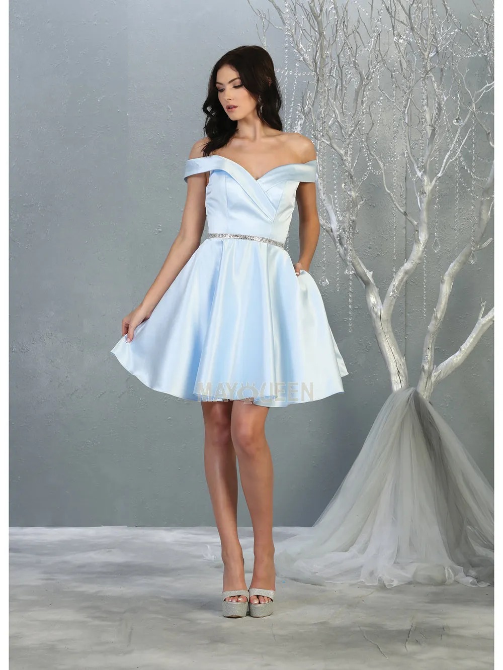 MQ 1815 - Off the Shoulder Satin A-Line Homecoming Dress with Beaded Belt & Pockets