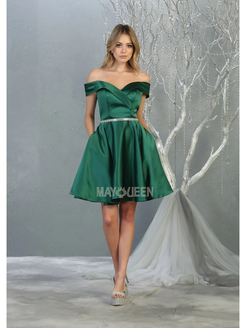MQ 1815 - Off the Shoulder Satin A-Line Homecoming Dress with Beaded Belt & Pockets