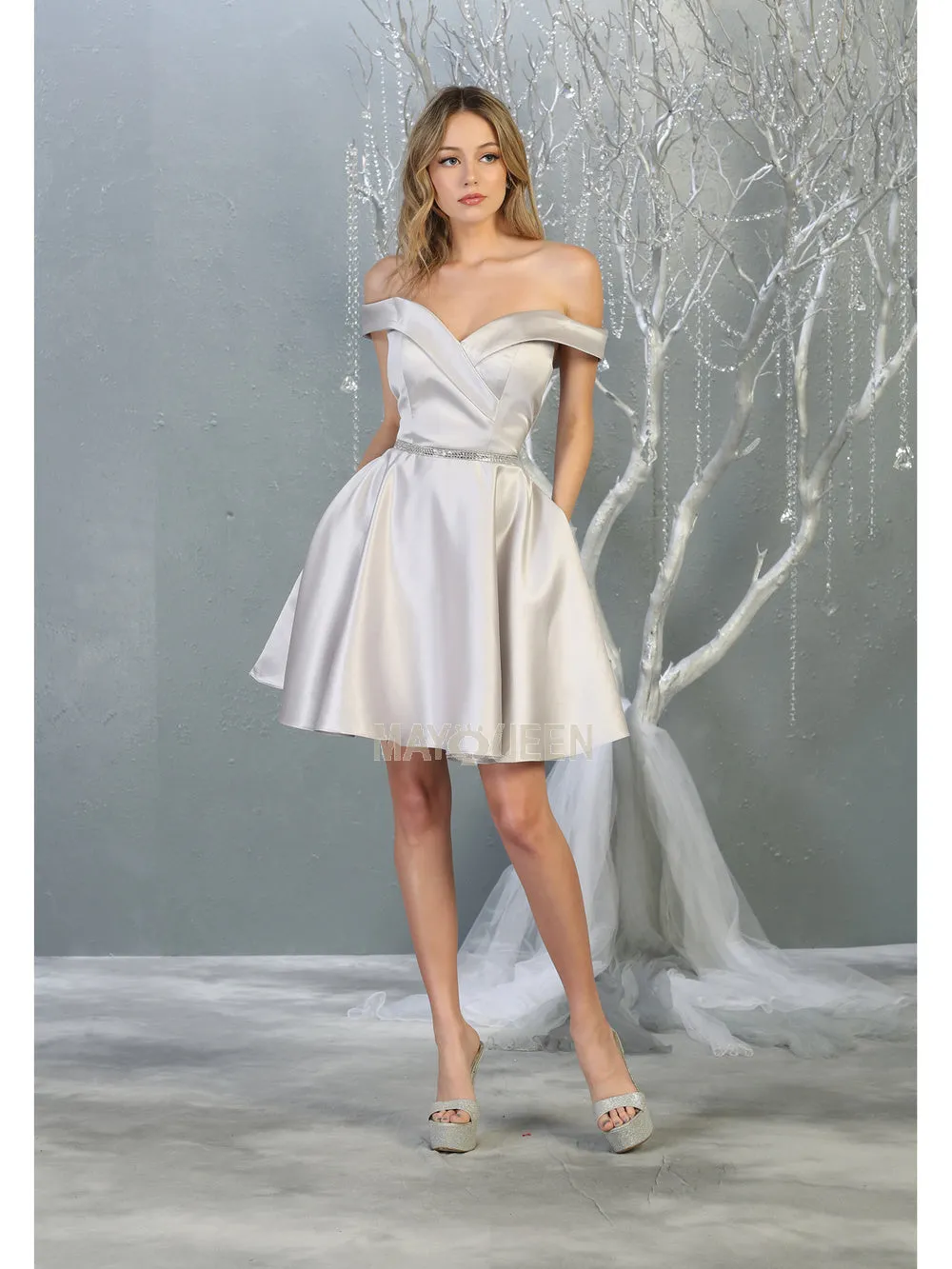 MQ 1815 - Off the Shoulder Satin A-Line Homecoming Dress with Beaded Belt & Pockets