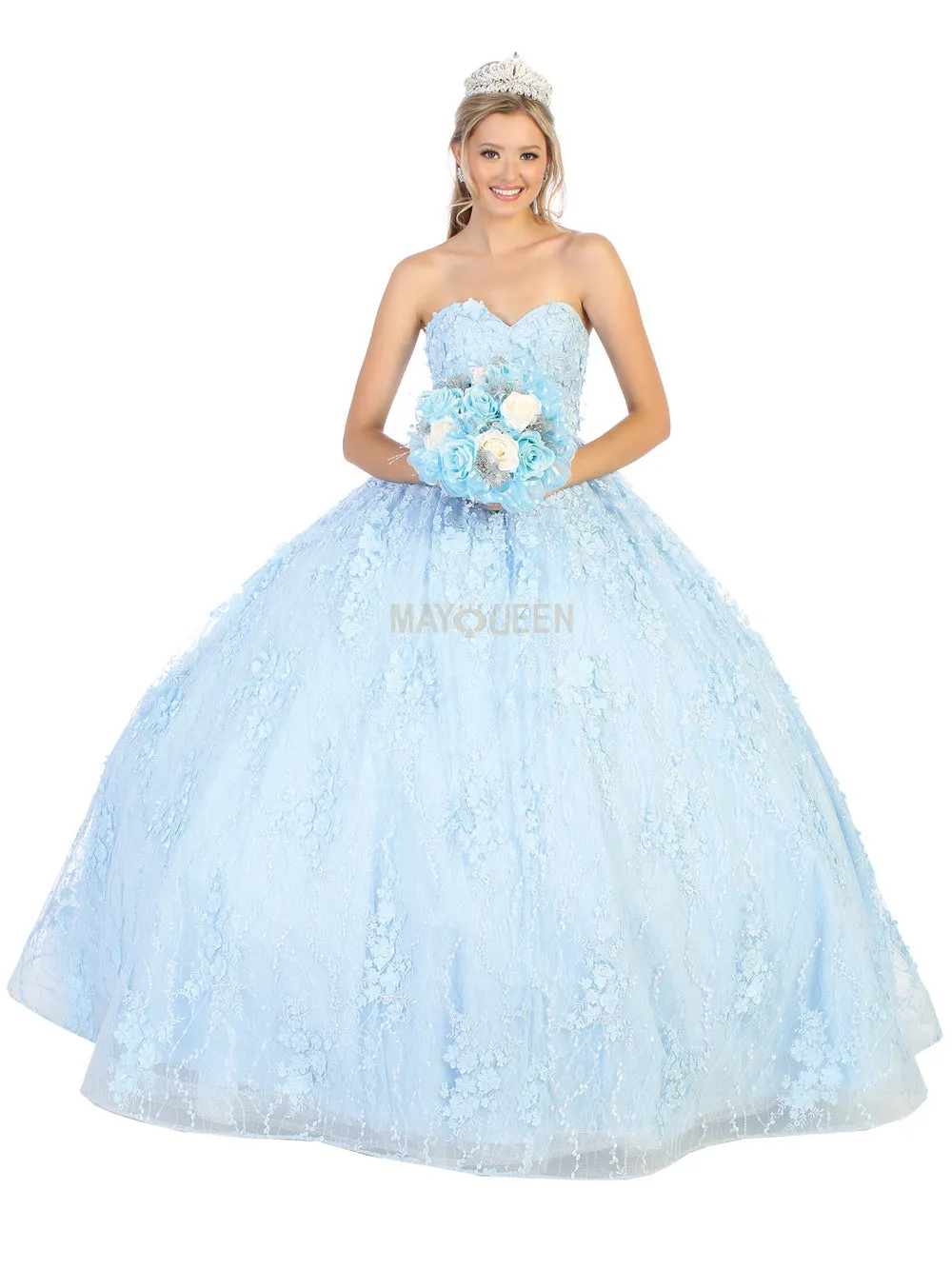 MQ LK140 - Strapless Quinceanera Ball Gown with 3D Floral Applique Sweetheart Neck & Lace Up Corset Back