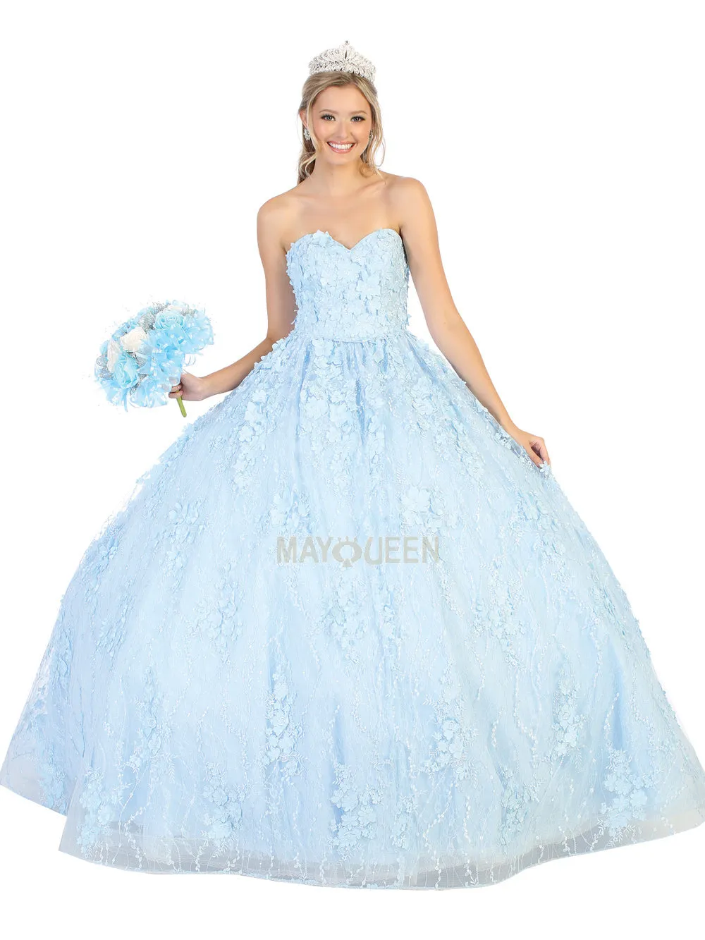 MQ LK140 - Strapless Quinceanera Ball Gown with 3D Floral Applique Sweetheart Neck & Lace Up Corset Back