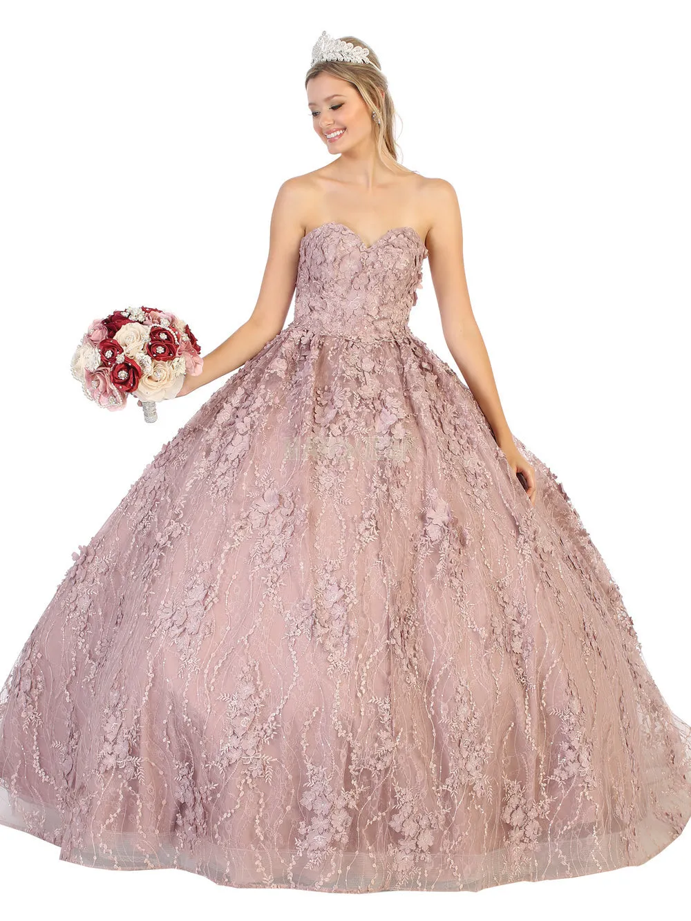 MQ LK140 - Strapless Quinceanera Ball Gown with 3D Floral Applique Sweetheart Neck & Lace Up Corset Back