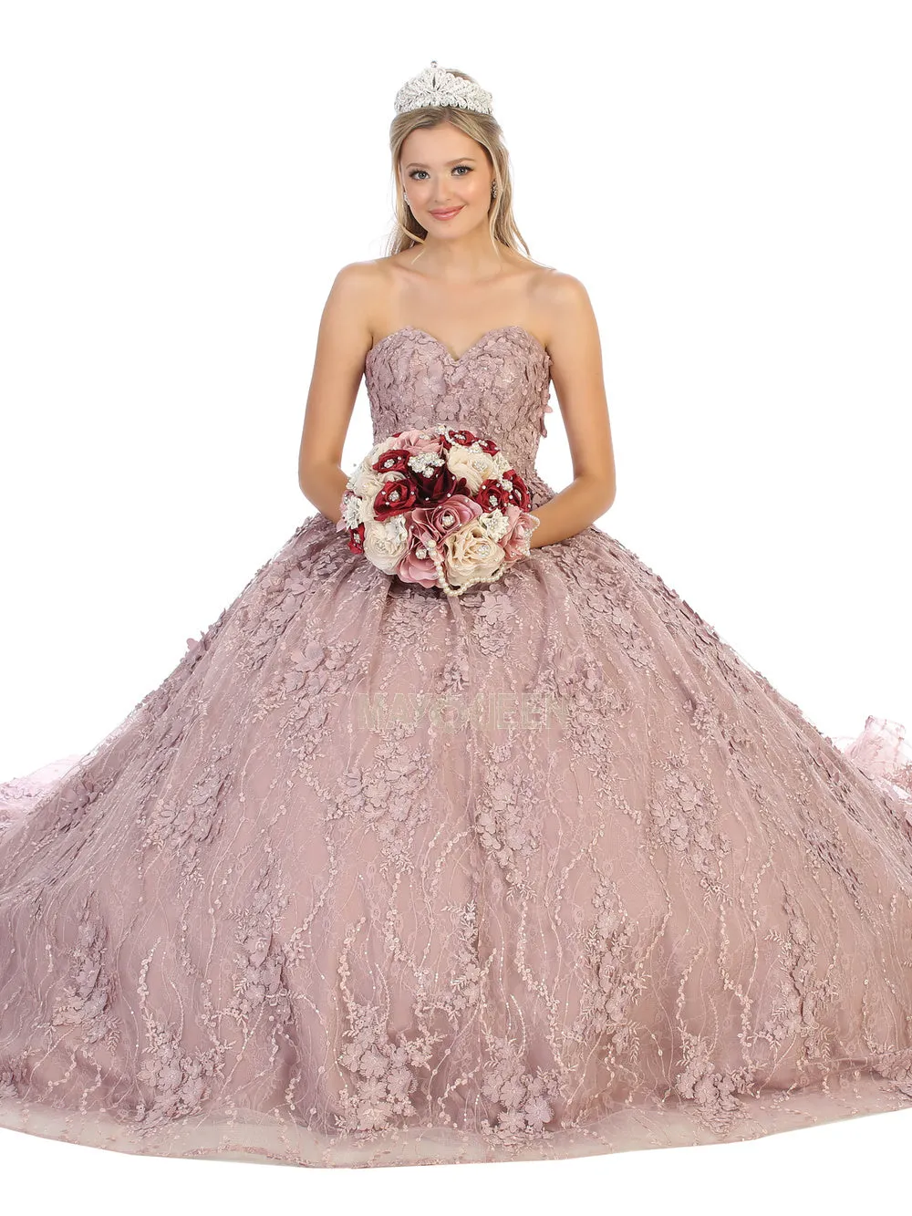 MQ LK140 - Strapless Quinceanera Ball Gown with 3D Floral Applique Sweetheart Neck & Lace Up Corset Back