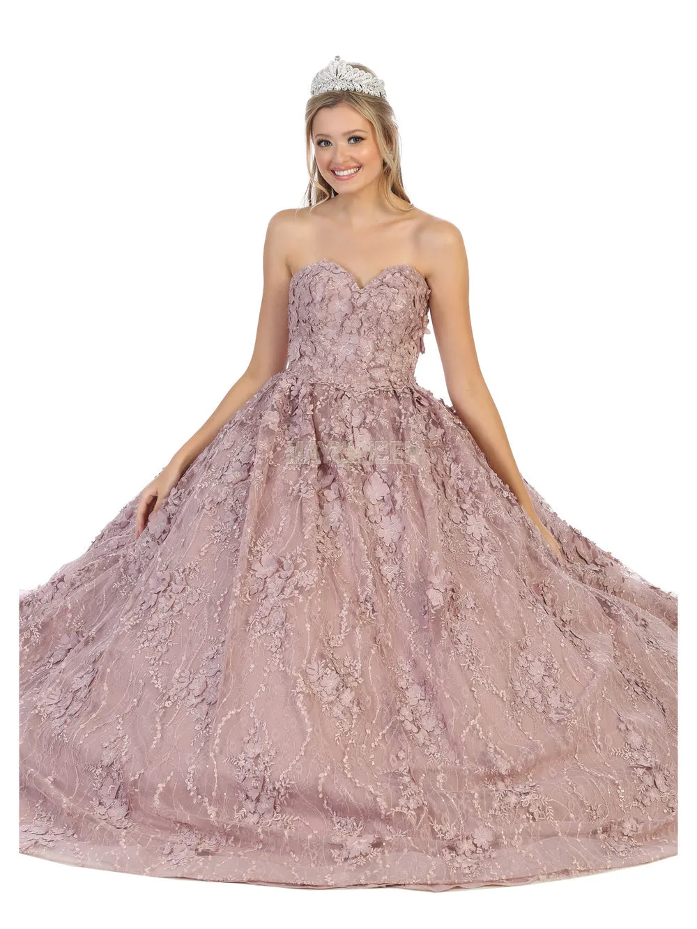 MQ LK140 - Strapless Quinceanera Ball Gown with 3D Floral Applique Sweetheart Neck & Lace Up Corset Back