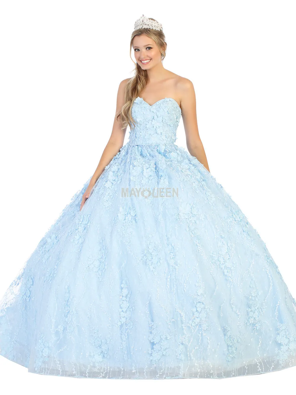 MQ LK140 - Strapless Quinceanera Ball Gown with 3D Floral Applique Sweetheart Neck & Lace Up Corset Back
