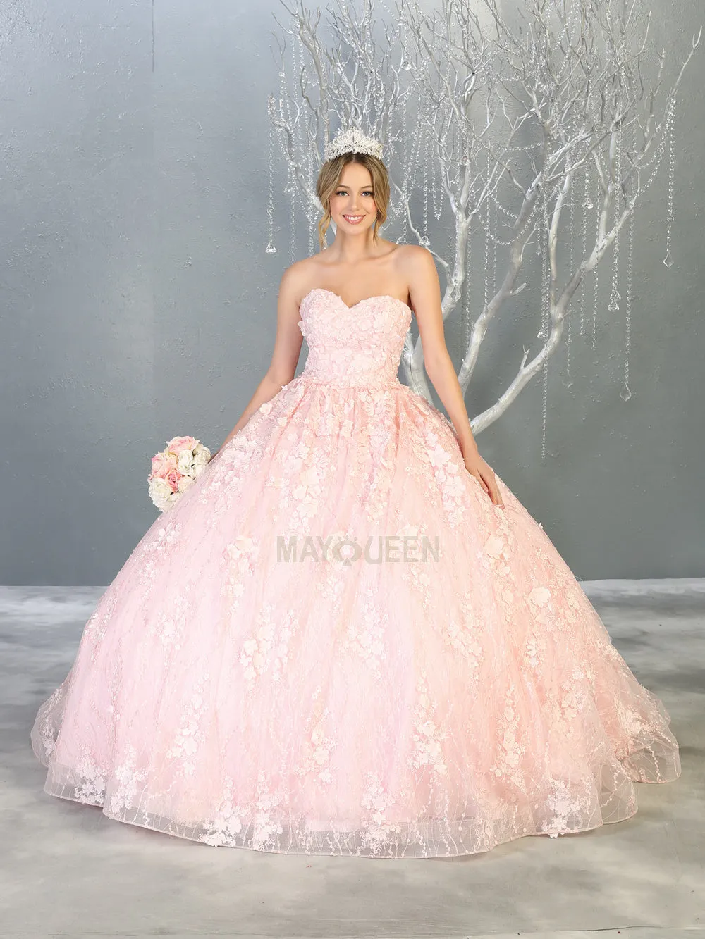 MQ LK140 - Strapless Quinceanera Ball Gown with 3D Floral Applique Sweetheart Neck & Lace Up Corset Back