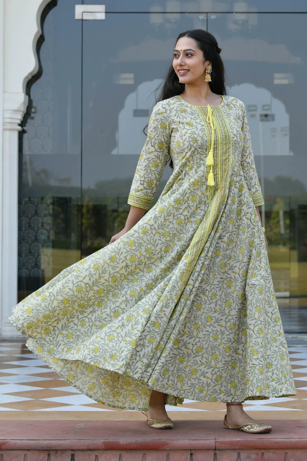 MULMUL DALAJA FLORAL JAAL BLOCK PRINTED FIT & FLARED DRESS WITH DUPATTA