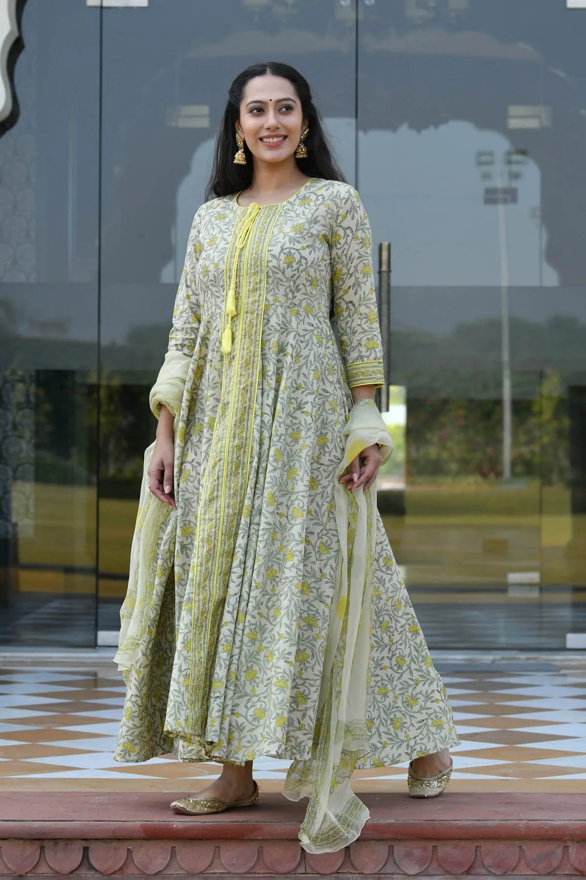 MULMUL DALAJA FLORAL JAAL BLOCK PRINTED FIT & FLARED DRESS WITH DUPATTA