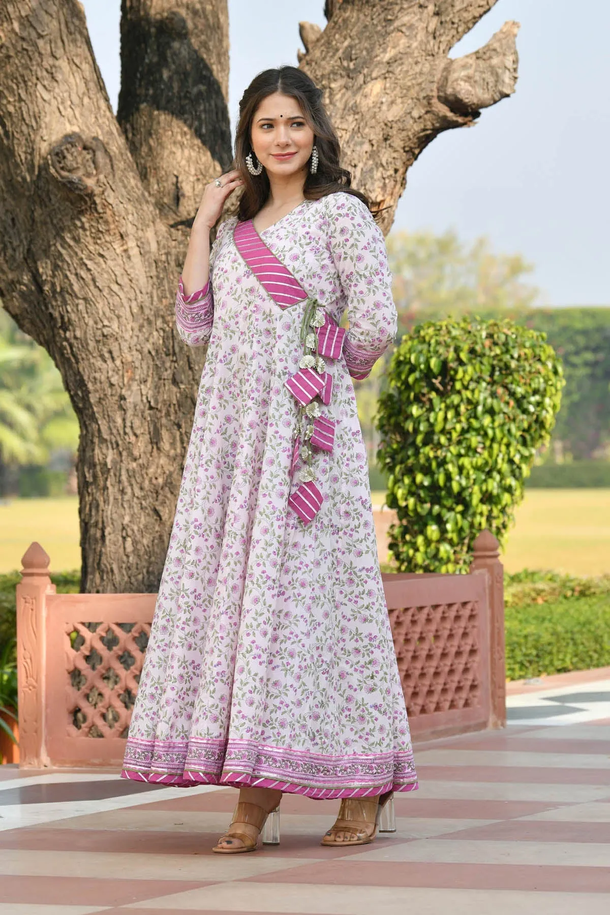 MULMUL GAURIKA FLORAL JAAL BLOCK PRINTED DRESS WITH DUPATTA
