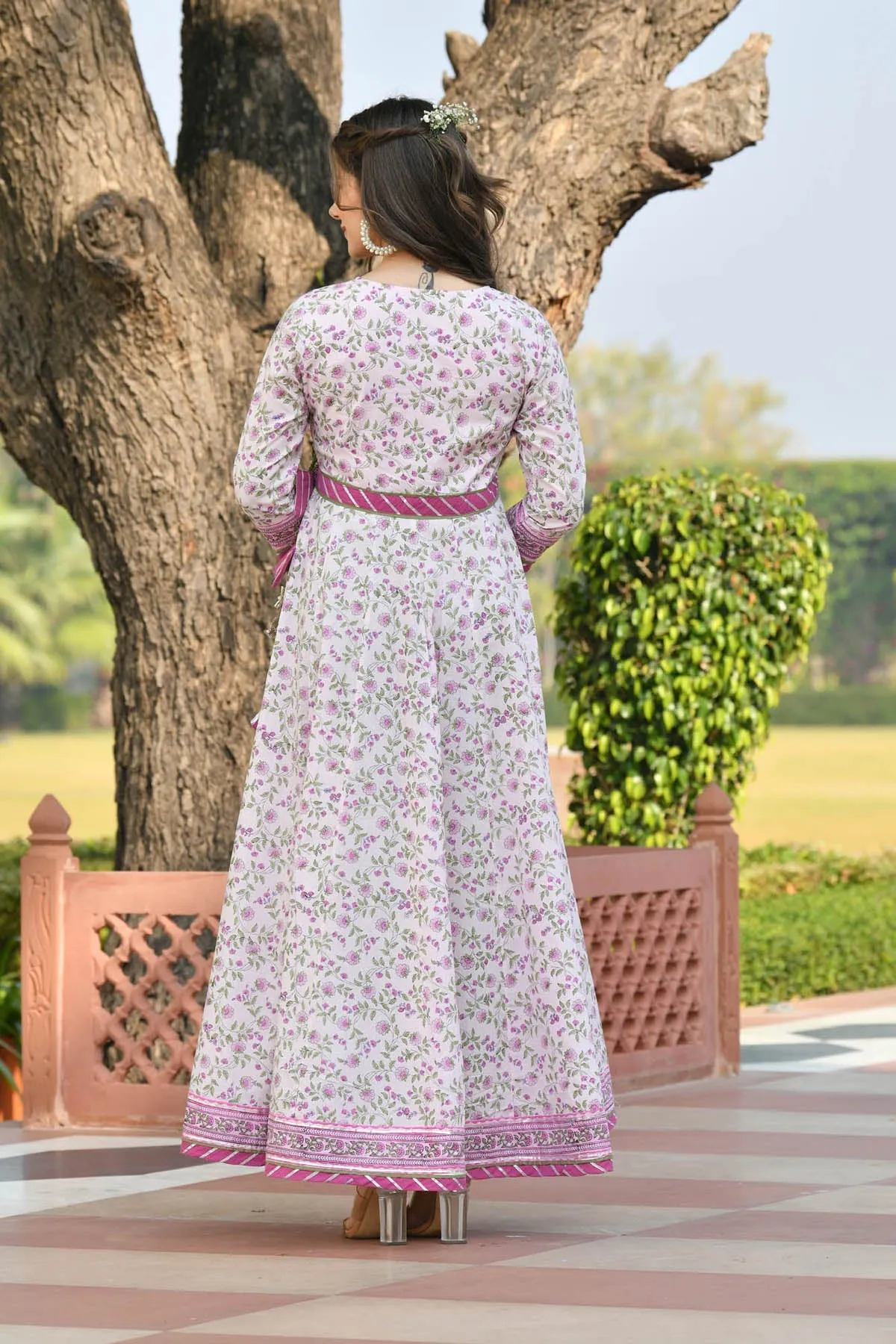 MULMUL GAURIKA FLORAL JAAL BLOCK PRINTED DRESS WITH DUPATTA