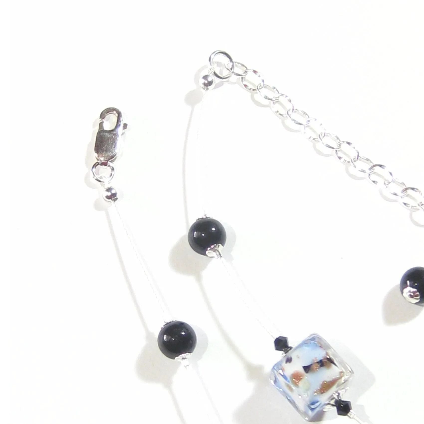 Murano Glass Blue White Swirl Cube Silver Necklace